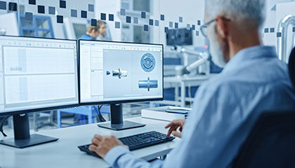 ein Mann sitzt an einem Schreibtisch mit zwei Monitoren, daneben ein leerer Arbeitsplatz mit gleicher Ausstattung