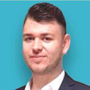 ein Mann in einem Anzug und Krawatte mit blauem Hintergrund