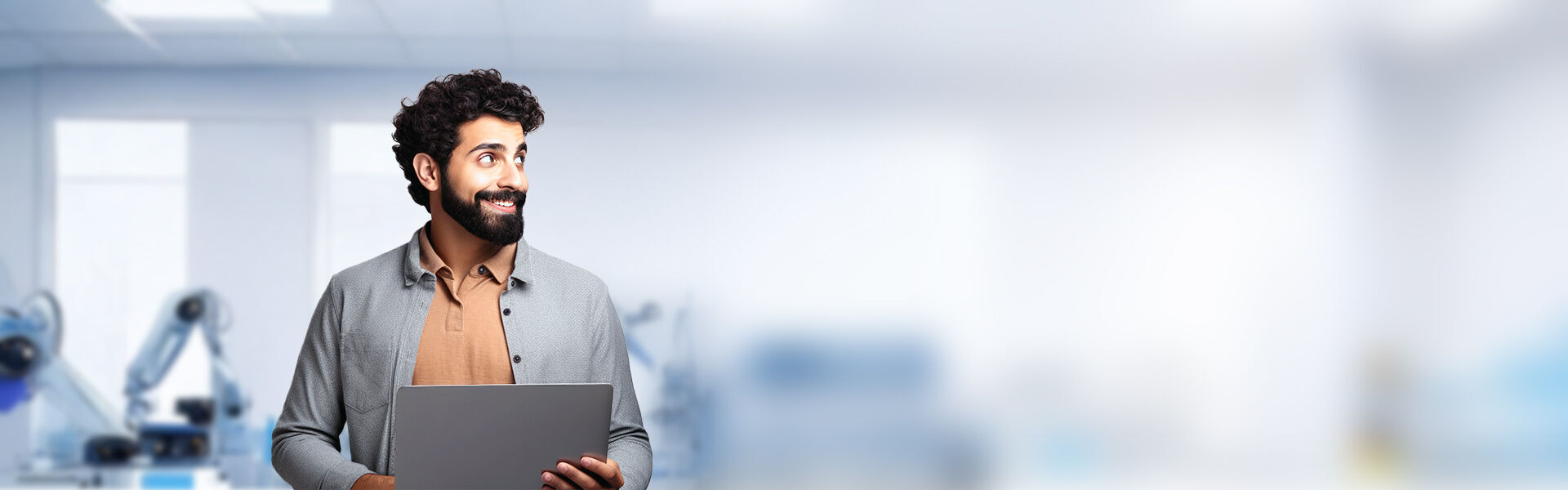 ein Mann in einem grauen Hemd mit einem Laptop